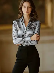 French Retro Floral Print Satin Shirt Fitted, Multiple Colors Available, Notch Lapel Long Sleeve Top, Office Commute / Date Lightly Mature Style Blouse