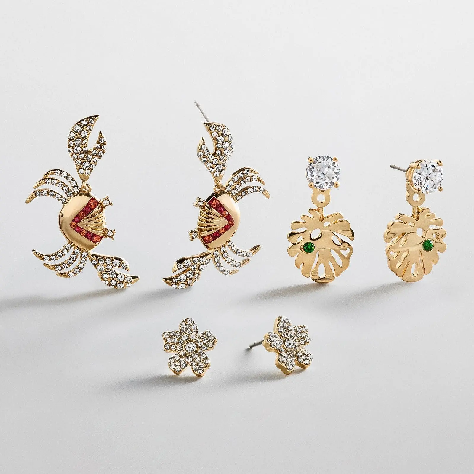 BaubleBar Shore Thing Gold Earring Set | Dainty 3-Pair Mix & Match with Pavé Crab, Flower & Malachite Ear Jacket, Beach Treasure