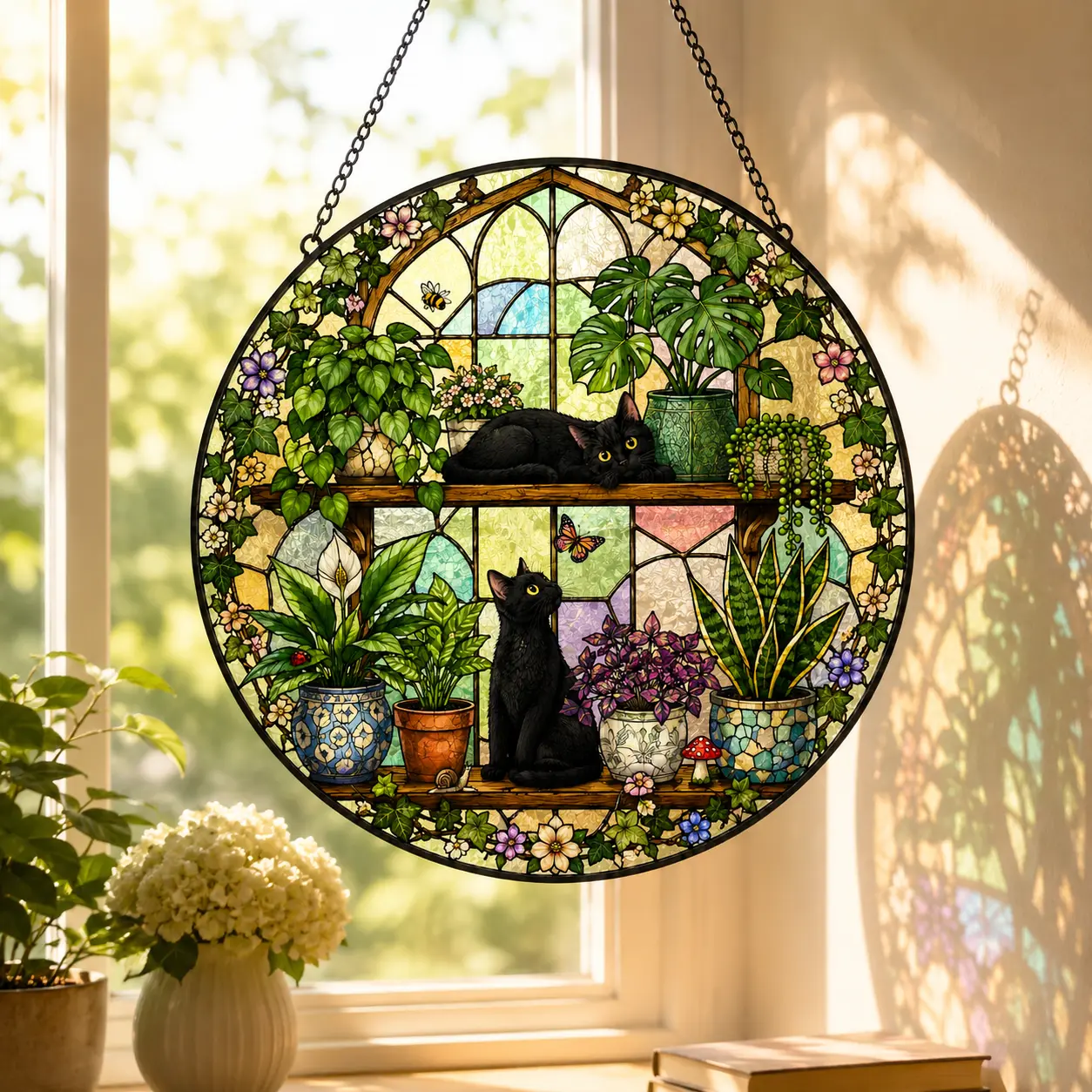 Black Cat & Houseplant Stained Acrylic Suncatcher, Round Botanical Window Hanging Decor, Colorful Floral Cat Ornament, Boho Home Decor Gift for Cat and Plant Lovers