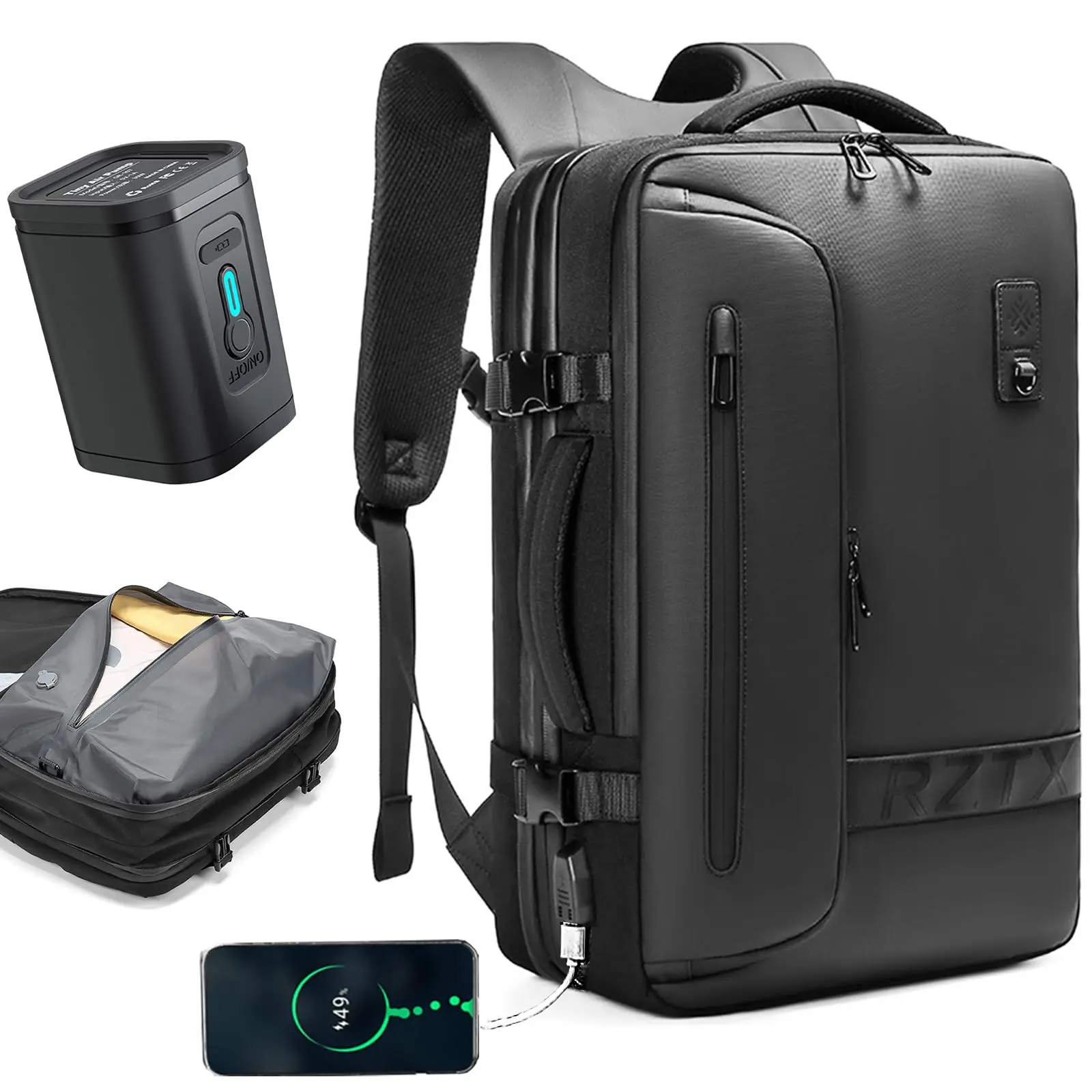 Vacpack Expandable 16-Gal 60L Vacuum Backpack (12x7.8x20in) with Air Pump, Sealed Compression System, Wet-Dry Separation, Waterproof Polyester Construction, USB Port, Unisex Durable Traveling Bag, Ideal for Adult Gifting