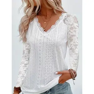 Long Sleeve Elegant Contrast Lace V-neck Eyelet T-Shirt for Spring & Fall, Women's Clothing