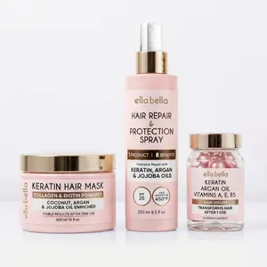 ELLA BELLA Keratin Hair Glow Bundle – Deep Conditioning Keratin Hair Mask, Keratin Hair Serum Capsules & Keratin Heat Protectant Spray – Frizz-Free, Smooth & Shiny Hair Treatment Set for All Hair Types (Curly, Coily, Straight, Damaged, Color-Treated)