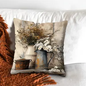 1pc, Vintage Farm Decorative Throw Pillow Cover White Jasmine and Rusty Watering Can Balcony Living Room Window Best Decoration 17.7in*17.7in
