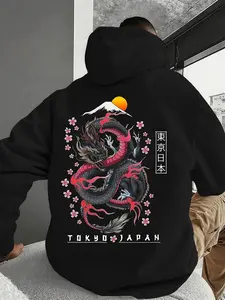 Autumn/Winter New Arrival Men's Contrast-Colour Long-Sleeved Hooded Sweatshirt with Pockets Dragon Pattern Print Regular Fit Oversized Casual Sportswear for Fitness, Running, Travel, Holidays, Outdoor Camping Men's Outerwear