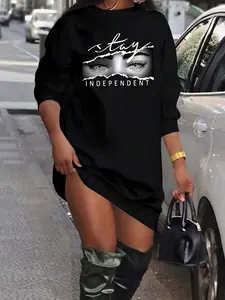 Women's Letter & Eye Print Drop Shoulder Graphic Tee Dress, Casual Long Sleeve Round Neck Short Dress for Daily Wear, Ladies Clothes for All Seasons