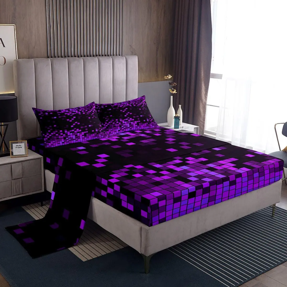 Purple Black Pixel Art Bed Sheets Set Gamer Deep Pocket Fitted Sheet Retro Pixel Bedding Sets Gamer Room Decor Soft Bed Set