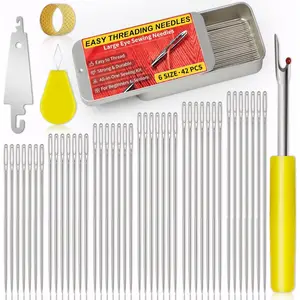 42 count Large Eye Sewing  Kit, 6 Sizes Easy Threading Hand Sewing  with Threader, Thimble & Seam Ripper, Stainless Steel Embroidery  for Repair, Leather, Upholstery, Crafts & DIY