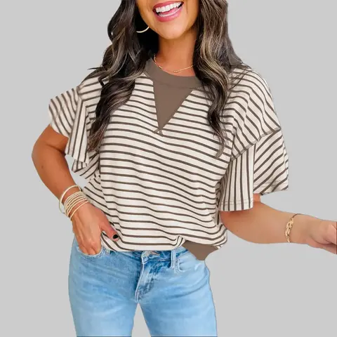 Women's H-Type Striped Blouse - Short Sleeves, Ruffled Detail, Contrast Trim, Crew Neck, 70%Polyester+30%Cotton, No Bleaching, Dry Clean, Going Out Casual Staple Top (Women's Blouses & Shirts)