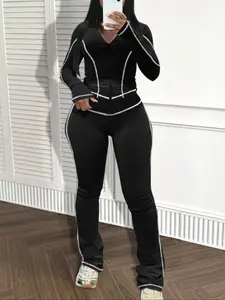 【LovelyWholesale】2026 FIFA World Cup Campaign Two-piece Set Women's Striped Zip Up Jacket & Pants, Street Fashion Streetwear Long Sleeve Outerwear & High Waist Trousers for Daily Wear, Ladies Spring  Clothes, Womenswear Perfect for All Seasons