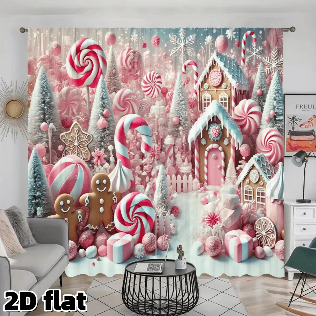 2D Flat 2Pcs Christmas Candy Cane Gingerbread Pattern Curtains, Home Decoration Curtain, Pink Winter Wonderland Design, Semi Sheer Rod Pocket Style, Decorative Window Treatment for Home Decor, Thermal Insulated Curtain, Window Drapes