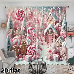 2D Flat 2Pcs Christmas Candy Cane Gingerbread Pattern Curtains, Pink Winter Wonderland Design, Semi Sheer Rod Pocket Style, Decorative Window Treatment for Living Room Bedroom Holiday Home Decor, Festival Window Accessory, Thermal Insulated Curtain