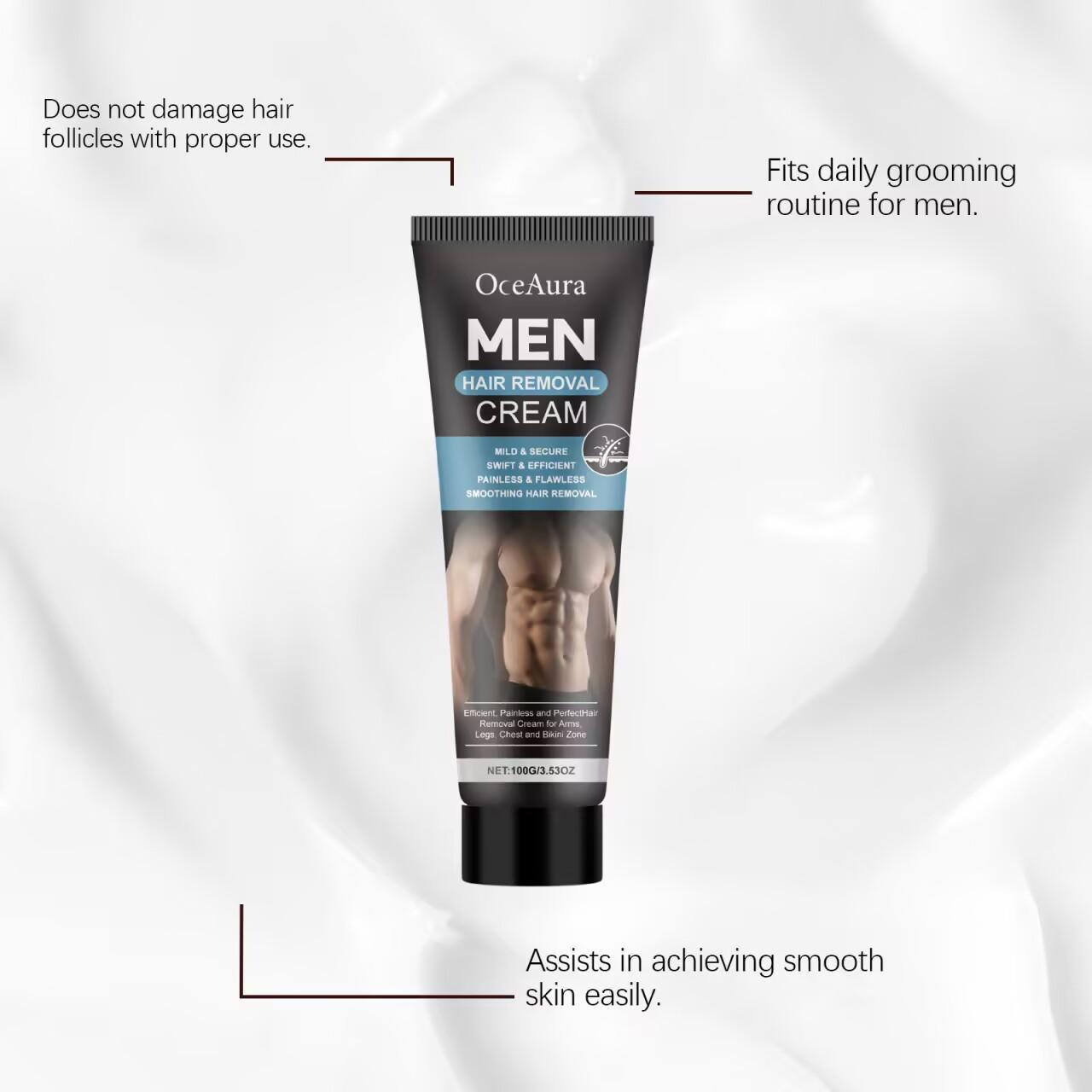 OceAura Men's hair removal cream, suitable for full-body hair removal, ideal for chest, back, legs, and underarms. Achieve quick and painless hair removal at home in just 5 minutes, removing hair from the root to maintain smooth skin.