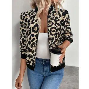 Women's Leopard Print Zip Up Lightweight Bomber Jacket Casual Long Sleeve Outerwear