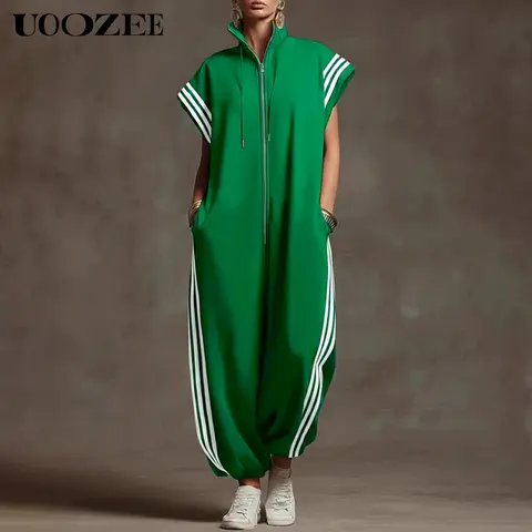 UOOZEE Women's Plus Size Striped Baggy Jumpsuit - 100% Polyester Lightweight Athletic Ankle-Length Overalls, Elastic Drawstring Fit, Summer Wear, Contrast Color Pockets, Loose Short Sleeves, Zipper Stand Collar
