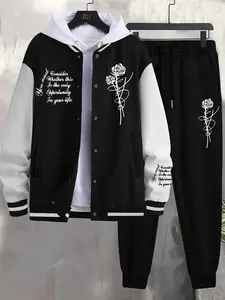 Unisex's Rose & Letter Print Baseball Jacket & Pants Two-piece Set, Regular Fit Casual Fashion Cozy Breathable Two Piece Outfits for Daily Outdoor Wear, Unisex Clothes for Spring & Fall, Sporty Set