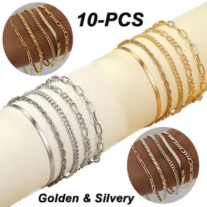 10PCS Fashion Multi-layer Bracelets Set Minimalist Cuban Link Twist Paperclip Chain Hypoallergenic Bracelet Hypoallergenic Adjustable Stainless Steel Chain Festivals, Birthdays, and Special Occasions Party Jewelry