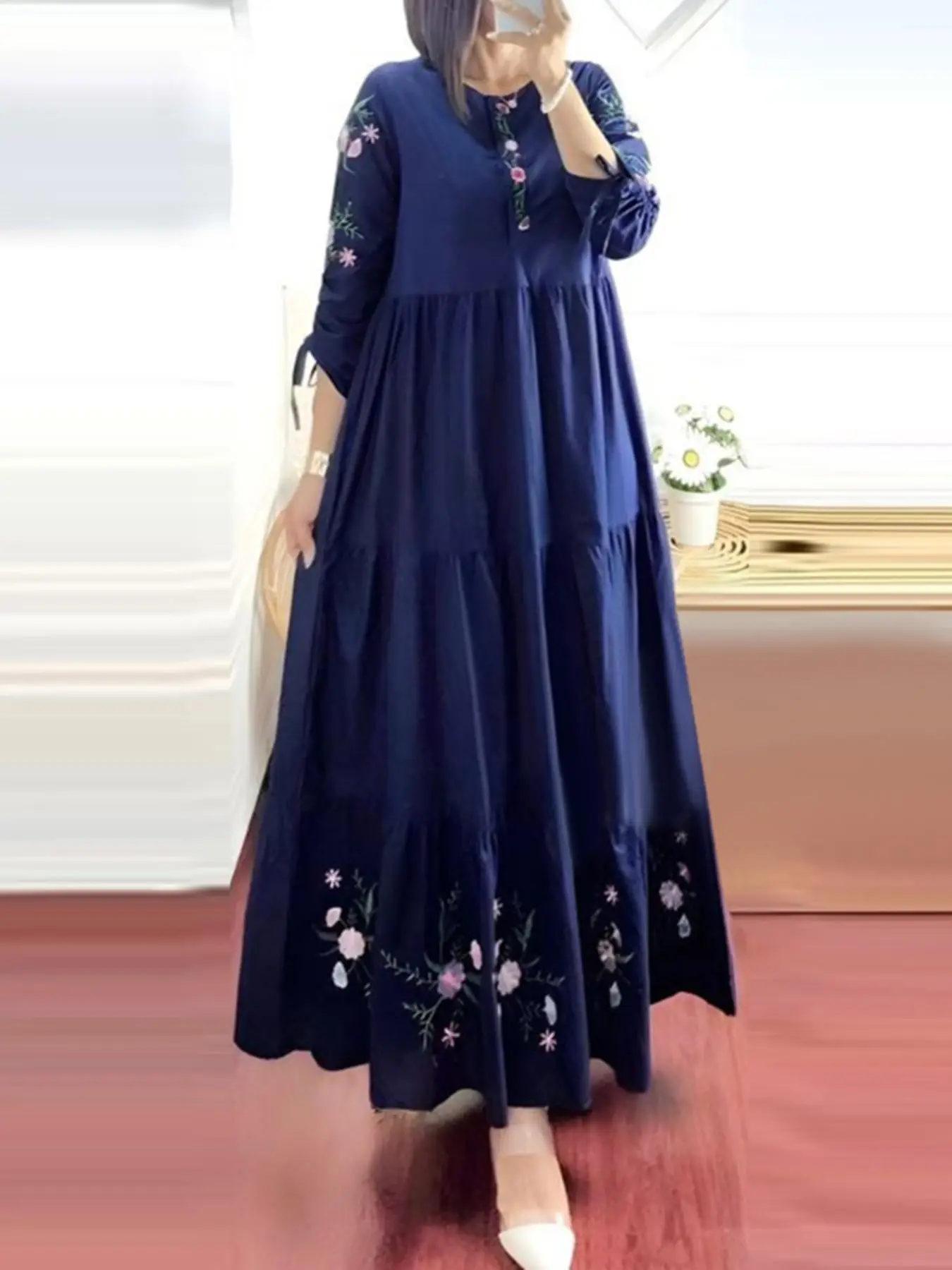 Women's Floral Print Ruched Drawstring Long Dress, Elegant 3/4 Sleeve Round Neck Maxi Dress for Party Holiday Wedding Guest, Ladies Fall & Winter Clot