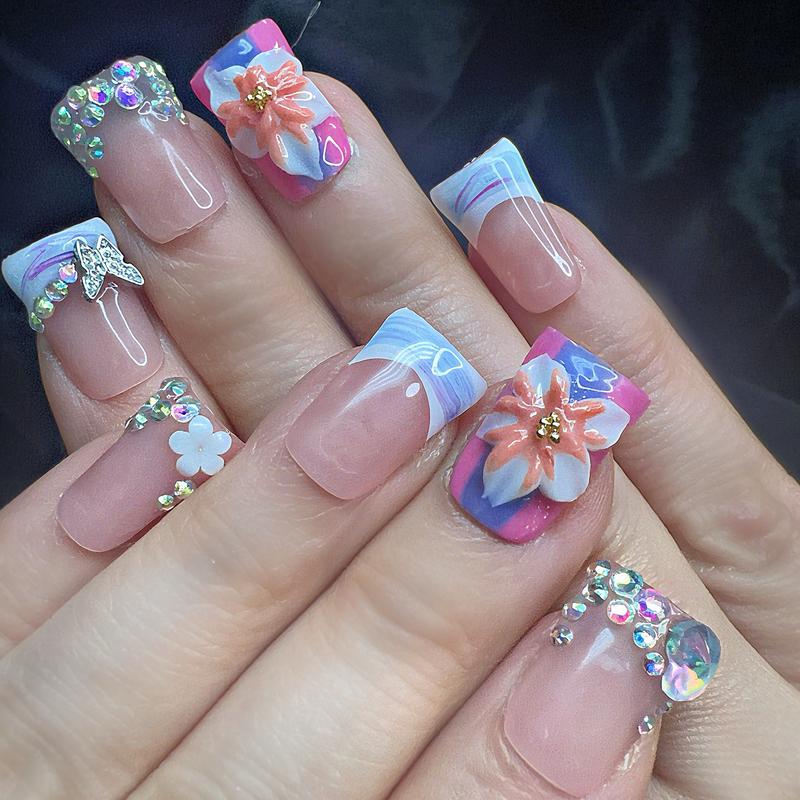 Butterfly & Floral Rhinestone Press On Nails 3D Flower Art Crystal Edges Nude Pink Floral Nail Set Handmade Luxury Nails with Iridescent Bands & Butterfly Charms