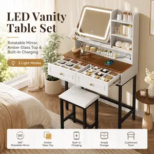 Super Makeup Vanity with LED Lighted Mirror,  360° Rotatable Mirror, Vanity Desk with 2 Drawers,Power Outlet and 3-Tier Shelves, Amber Glass Table Top, Dressing Table with Sturdy Metal Leg and  Stool, White