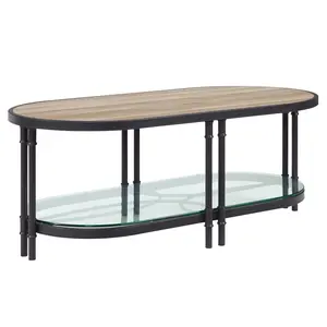 360 Stand 47 in. Paper Veneer & Metal Oval Coffee Table with Shelf, Sandy Black & Oak, Modern Accent Indoor Furniture Table, Modern Accent Table