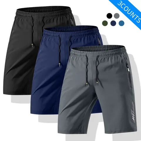 Men's 3-Pack Basic Fitted Woven Casual Athletic Shorts - Elastic Drawstring Waist, Lightweight Stylish Fabric, H-Type Straight Above-the-Knee Leg, for Summer Outdoors & Beach, Black/Dark Gray/Navy Blue, Menswear Streetwear Bottoms