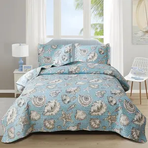 Beach Quilts Set Twin Size Ocean Theme Bedspreads,3 Pcs Seashell Conch Starfish Coverlet Set Lightweight Reversible Bedding with Pillow Shams,Blue Junsey