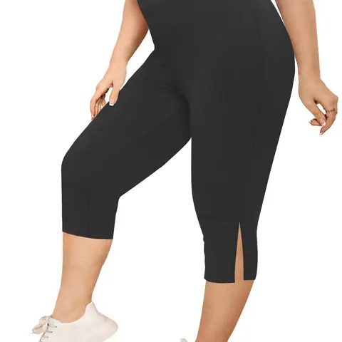 Plus Size Split Hem High Waisted Athletic Capris Leggings, Casual Comfy Breathable Skinny Capris Pants for Yoga Gym Workout, Women's Bottoms, Tight Fitting Pants, Gym Sportswear Bottoms, Activewear Bottoms for Summer, Activewear for Fitness