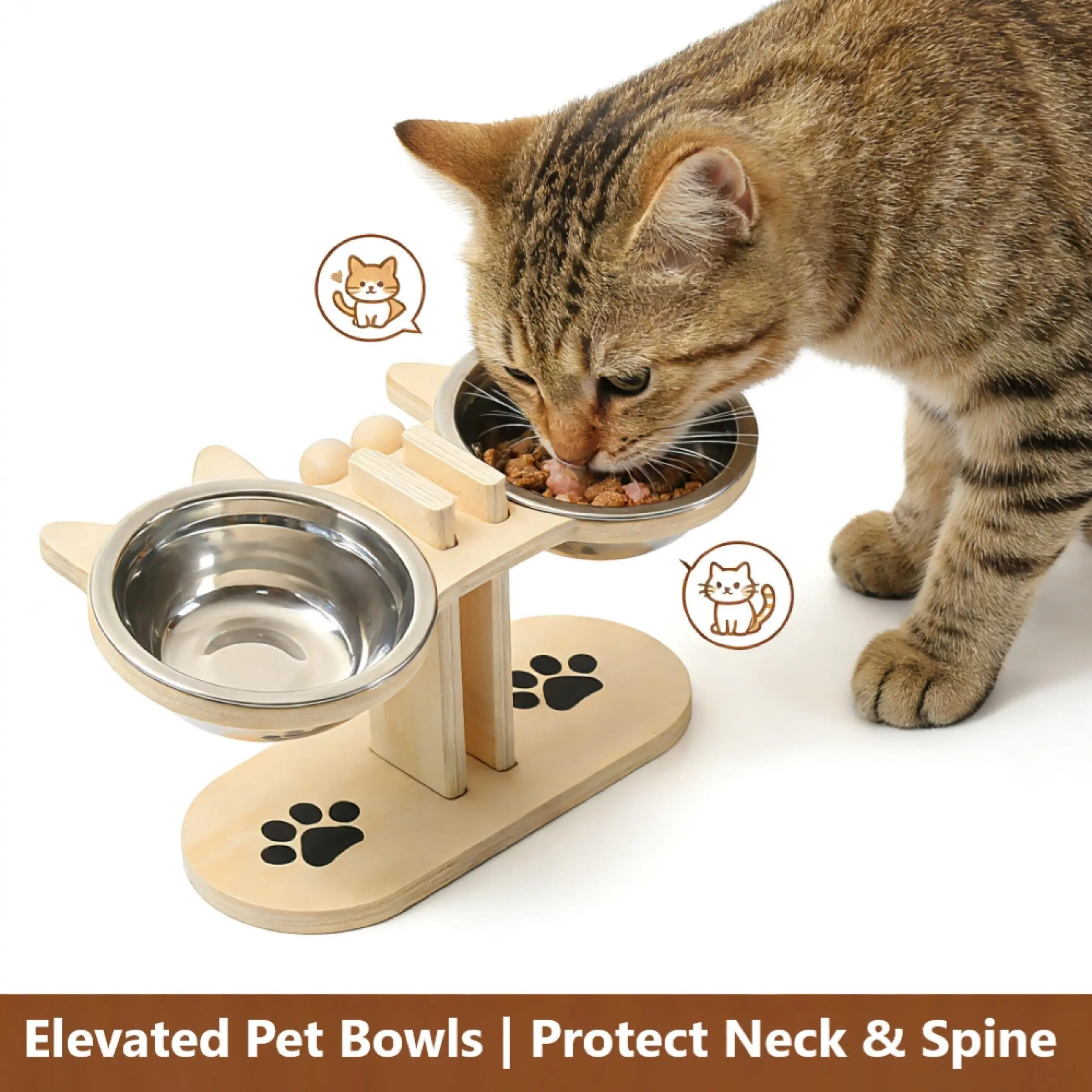 Adjustable Elevated Cat Bowls, Raised Wooden Stand with Stainless Steel Food & Water Feeding Bowls, Tilted Anti-Vomiting Feeder for Cats & Small Dogs, Easy to Clean, Durable