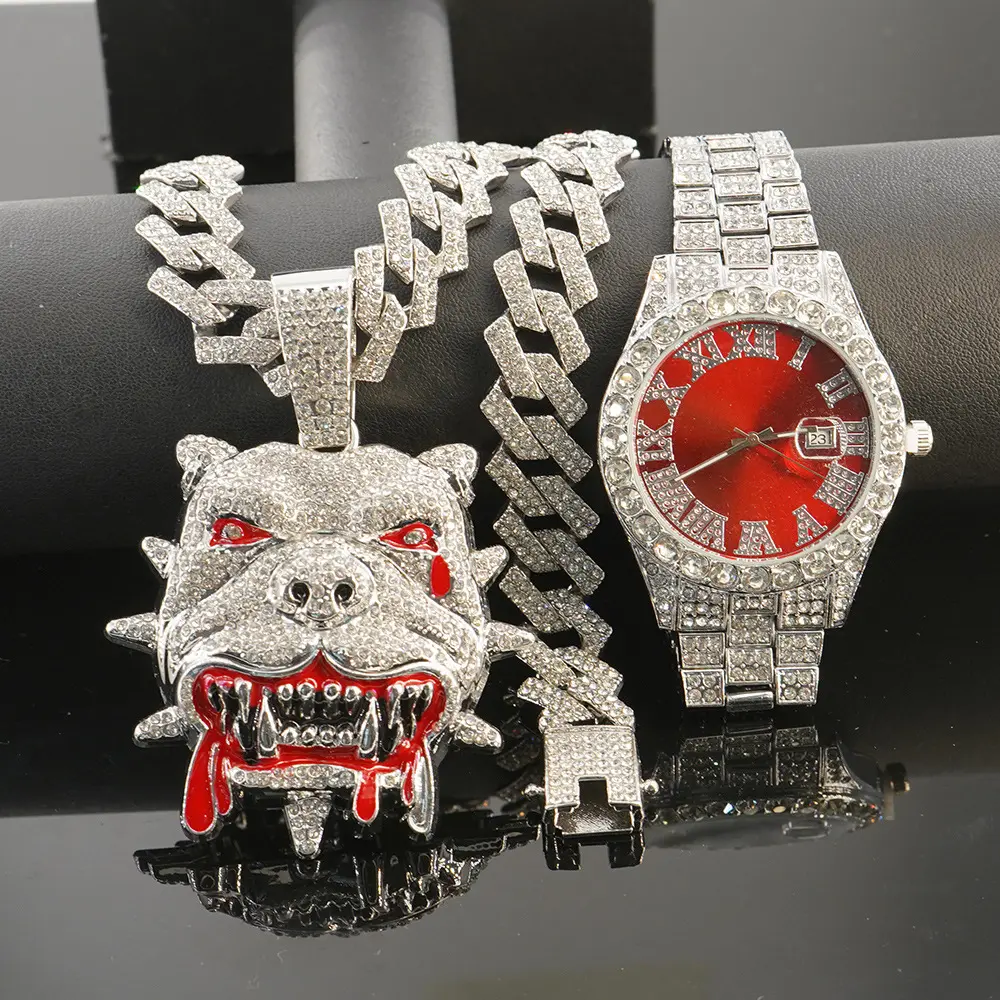 Bulldog Pendant 3PCS Set Diamond Cut Cuban Chain Red Dial Watch Men's Hip Hop Jewelry