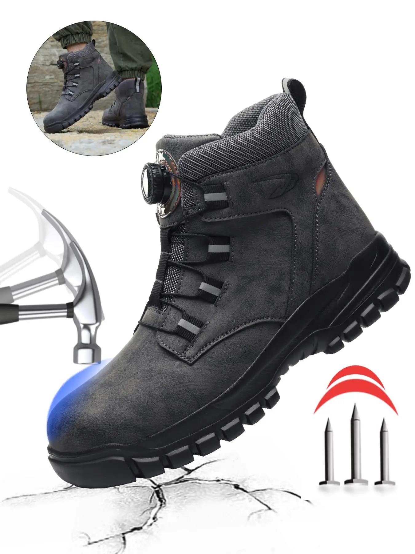Men's High Top Rotating Button Lace Work Boots, Lightweight Comfortable Wear-resistant Safety Boots, Anti-smash and Anti-stab Safety Shoes for Men