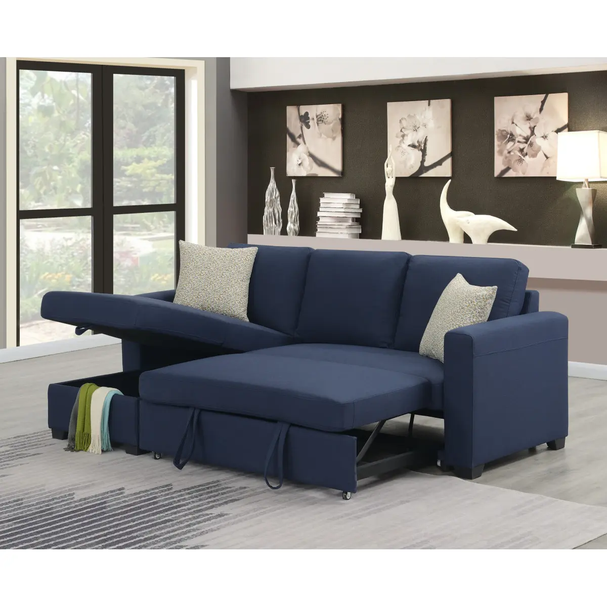 Modern L-Shape Navy Modular Sectional Sofa - Reversible Design, Versatile Reversible Design, Pop-Up Sleeper, Integrated Hidden Storage Chaise, Supportive Track Arms, Metal Frame, Polyester Fiber Upholstery, 87.50in x 57.50in x 34.50in, 202Lbs, 202 Lbs