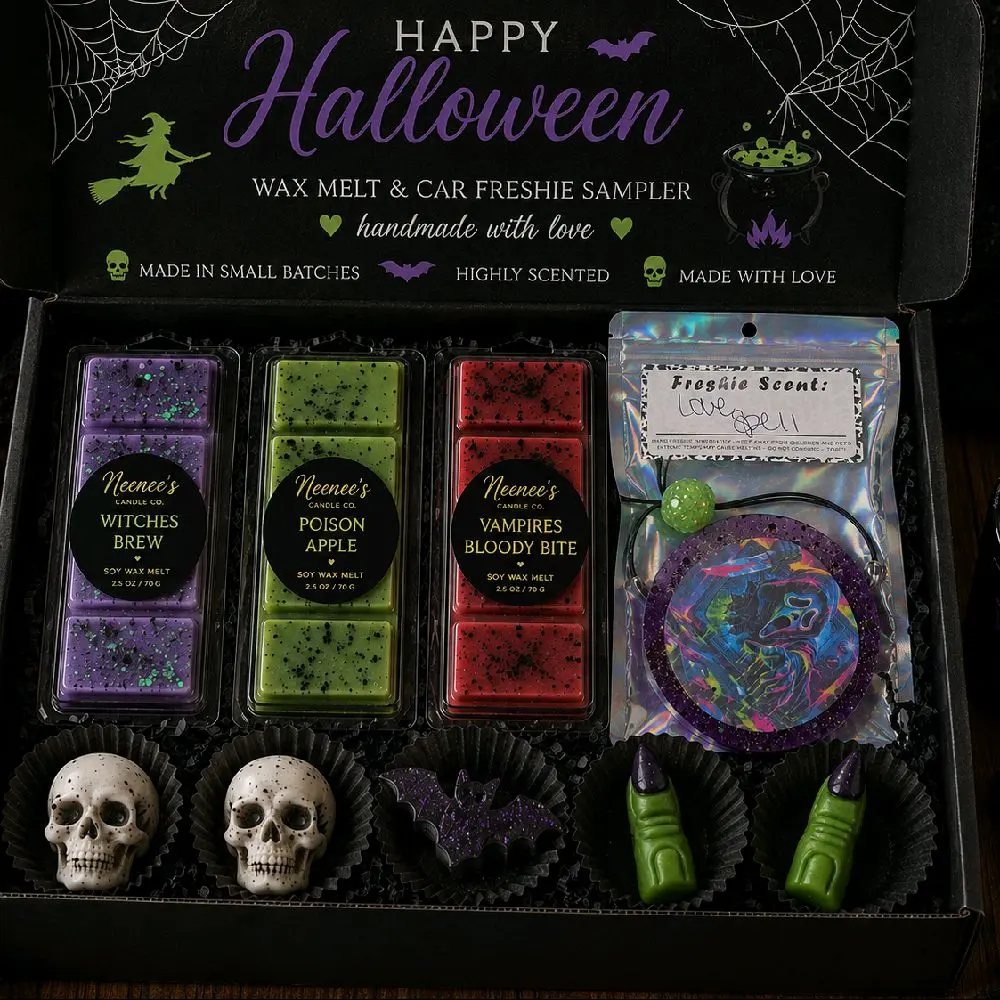 Halloween Wax Melt & Freshie Sampler Boxes  Candles Decor Luxury Scented Fall Scents Gift for her holiday collection Large Energy Candle Bundle basket