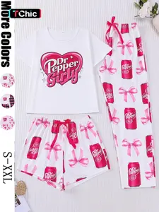 3-Piece Casual Sleepwear Set Pajamas Loungewear for Women with Bow Print, Soft Button-Up Shirt and Loose Elastic Shorts and Pants, Stylish Comfortable Daily Wear