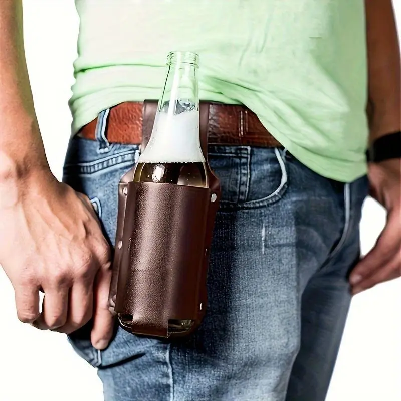 Men's Fashionable Faux Leather Beer Holder, 1 Count Portable Beer Bottle Holder with Adjustable Waist Bag, Durable Waterproof Beer Can Holder for Outdoor, Hiking & Camping, Drink Holders