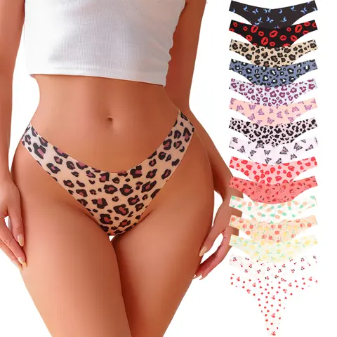 FINETOO 15PCS Thongs for Women Soft Low Waist Design Sexy Leopard Thong Ladies Fashion Printed Colorful Cute Pattern S-XL Panties Womenswear