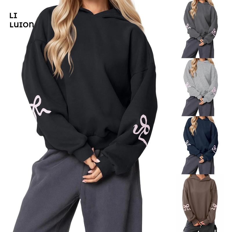 Women's Bow Print Hoodies Oversized Long Sleeve Hooded Sweatshirts Graphic Drop Shoulder Pullover Tops Y2K Clothing
