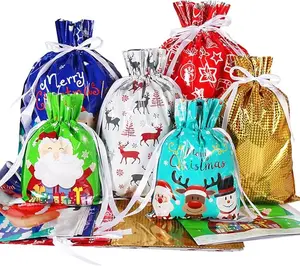 Christmas Patterns Design 30pcs Holiday Drawstring Gift Bags in 5 Colors XL Large Medium Small Sizes for Easy Wrapping & Reusable