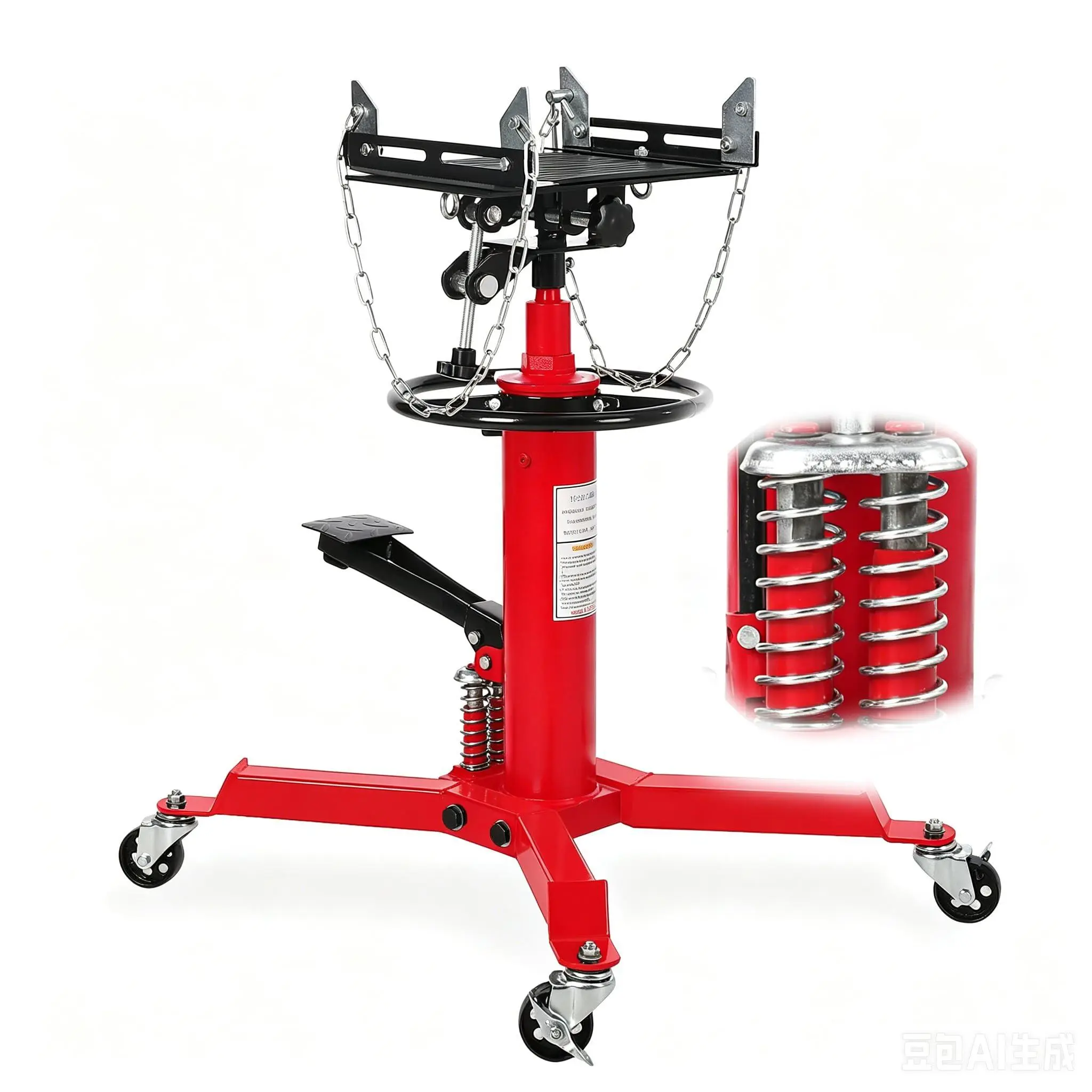 1322 lb Dual-Plunger Hydraulic Transmission Jack Stand, 33.5-69in Telescoping Lift with Foot Pedal & Swivel Casters, Red