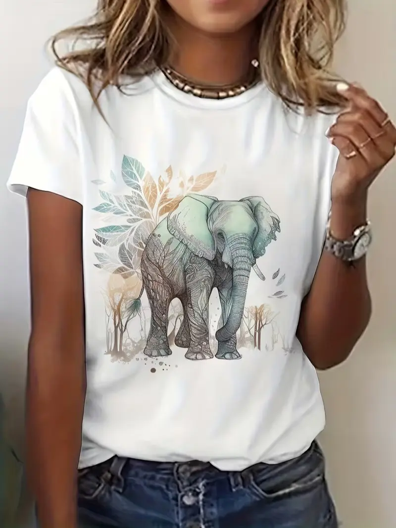 Women's Elephant Print T-Shirt – Short-sleeve, crew-neck top featuring an animal print in soft tones; breathable, pure cotton summer tee; machine-washable casual wear; elephant-themed gift; nature-inspired design