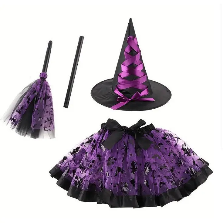 [Lullaby] Themed 3-Pcs Baby Toddler Halloween Dress Set - Witch Costume with Tutu Skirt, Witch Hat, Broom, Skeleton Hand Pattern for Cosplay Gifting, Baby Halloween Costume