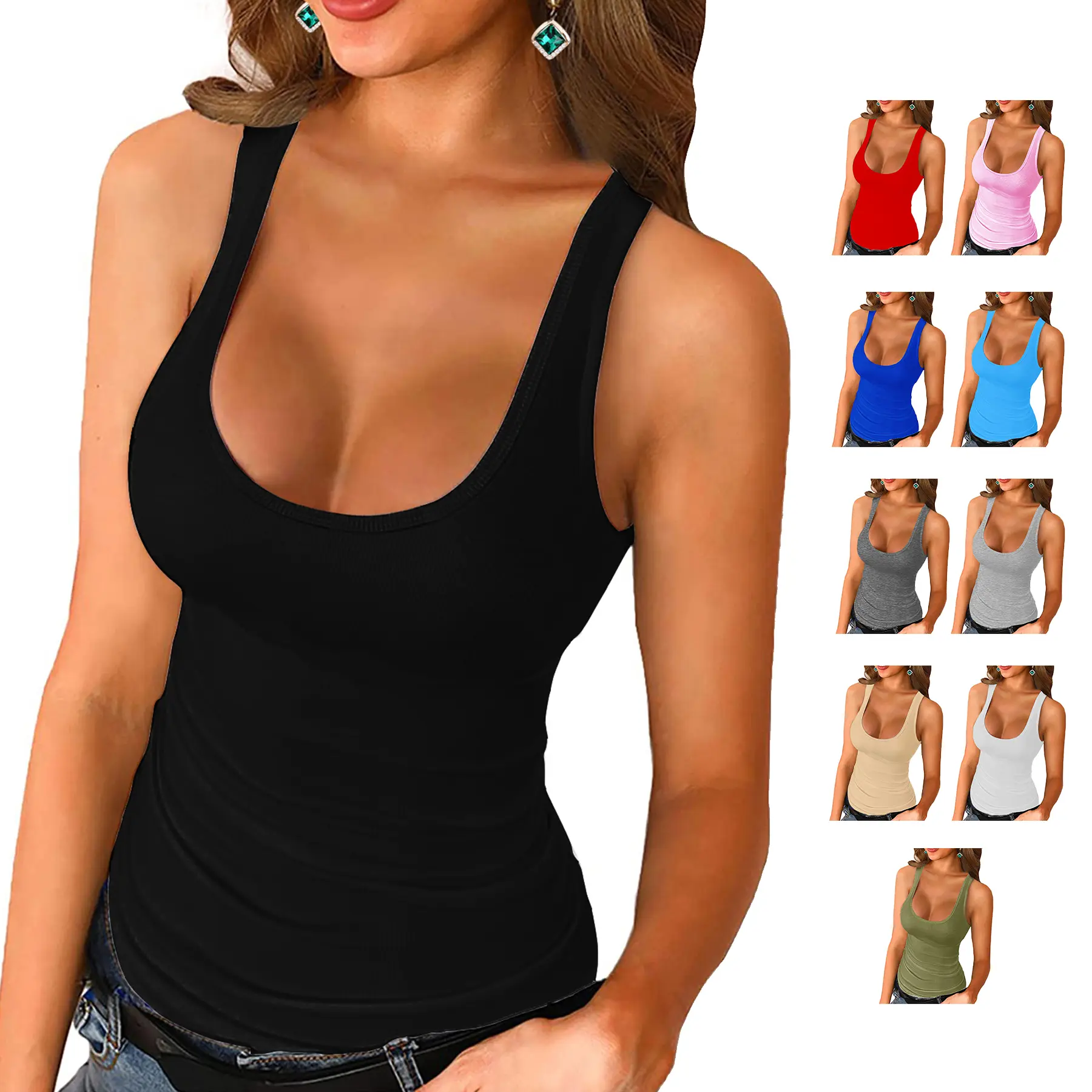 Womens Scoop Neck Ribbed Tank Tops Low Cut Solid Sexy Summer Sleeveless Henley Tees Shirts