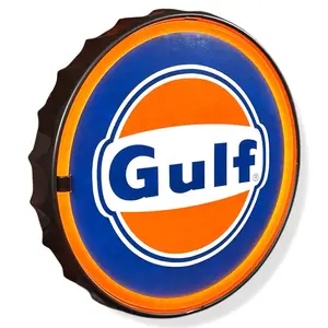 Gulf Vintage LED Neon Light Sign, 12x12 in Round Bottle Cap Design, Battery or USB Powered, Orange and Blue Colorful Ambient Light, Wall Mount Home Decoration Lamp