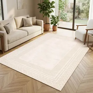 Washable Area Rugs for Living Room, Modern Geometric Bordered Area Rug with Non Slip Back, Soft Low Pile Floor Rug Large Ultra Thin Home Decor Carpet for Dining Room Office mat