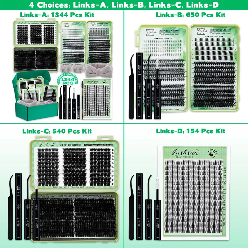1344PCS/650PCS/540PCS Lash Kit, D Curl 11 Styles Mixed Length Bottom/Spikes/3D Effect with Bond&Seal Lash Remover Brush Lash Applicator Headband Wristband set, Beginners&Proficient, DIY at Home Easily, for Makeup Daily, DIY Eyelashes Clusters