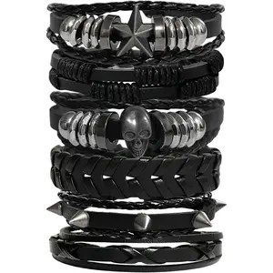 6 Pcs Punk Rock Leather Studded Bracelets for Men Women Adjustable Braided PU Wristband 80s Skull Gothic Emo Accessories