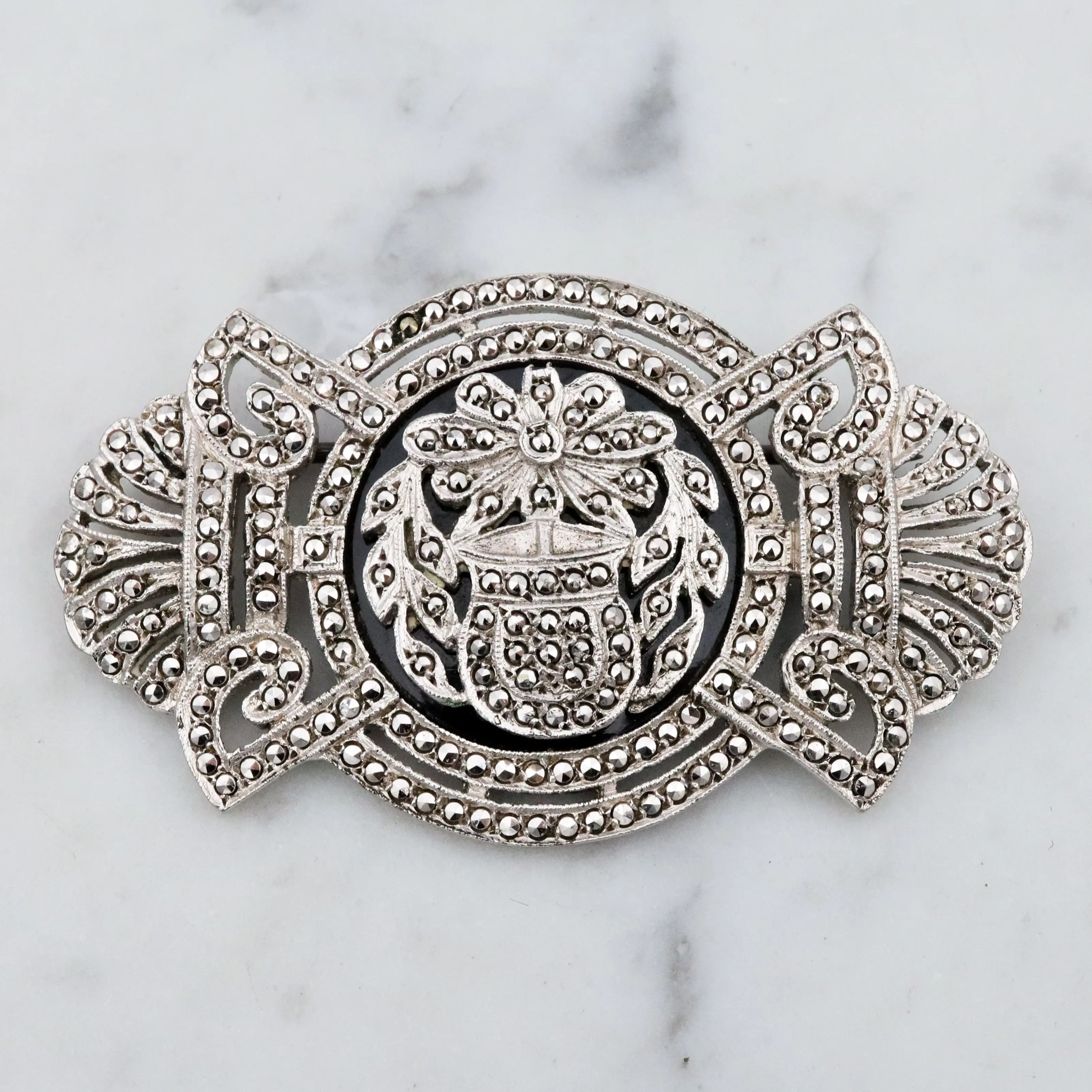 Antique Art Deco sterling marcasite floral framed brooch by EAGLE