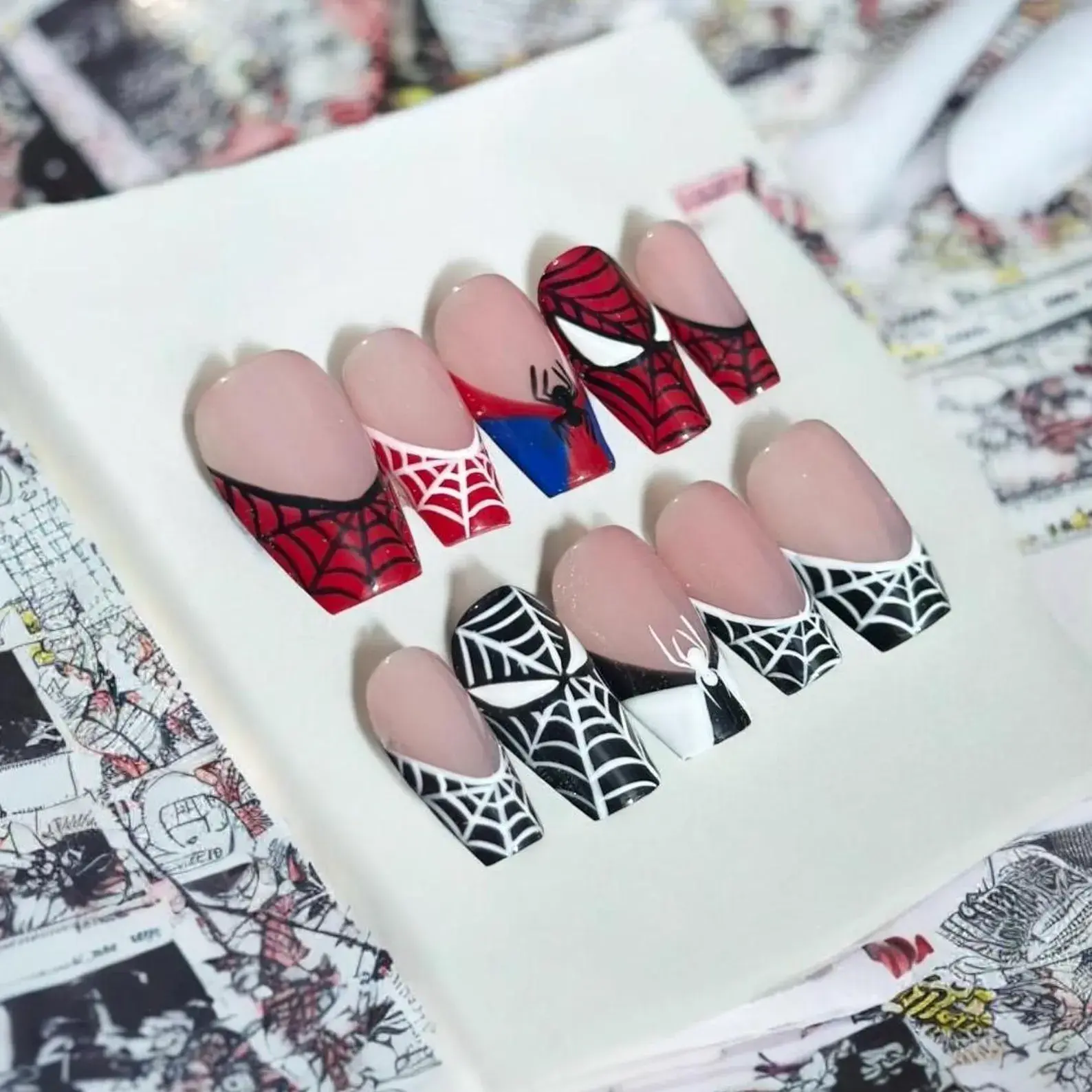 Spider-Inspired Press On Nails | Red Blue Superhero Web Nail Art | Handmade Reusable Glossy Nails