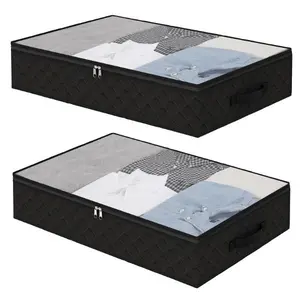 Underbed Storage Bags with Clear Window & 2 Reinforced Handles - Black Under Bed Storage Containers for Clothing Bedding Comforter 2 Pack