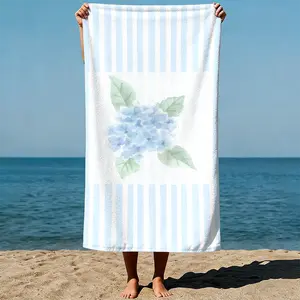 Blue hydrangea with green leaves, vertical light blue stripes, watercolor painting style. Sand-Free Beach Towel | Ultra-Light Microfiber | Quick-Dry, Compact for Travel