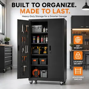 Black Metal Garage Storage Cabinet with Wheels, 71 Inch Lockable Tool Cabinet with Pegboard Doors, 5 Adjustable Shelves, Heavy Duty Steel Utility Cabinet for Garage Workshop, Home Office, Warehouse Organization